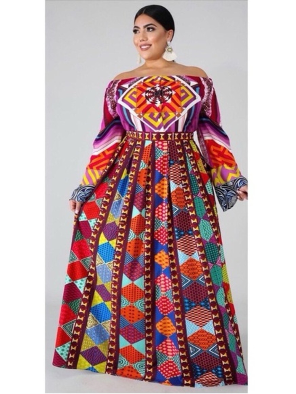 Plus Size Off-Shoulder Multi-Color Geometric Maxi Dress